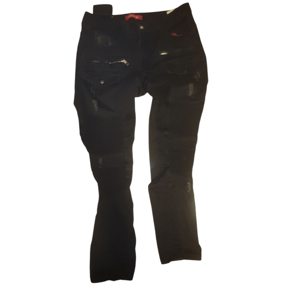 ron tomson rnt23 black stretch deconstructed moto biker jeans  stretch cotton 32 - Picture 1 of 7